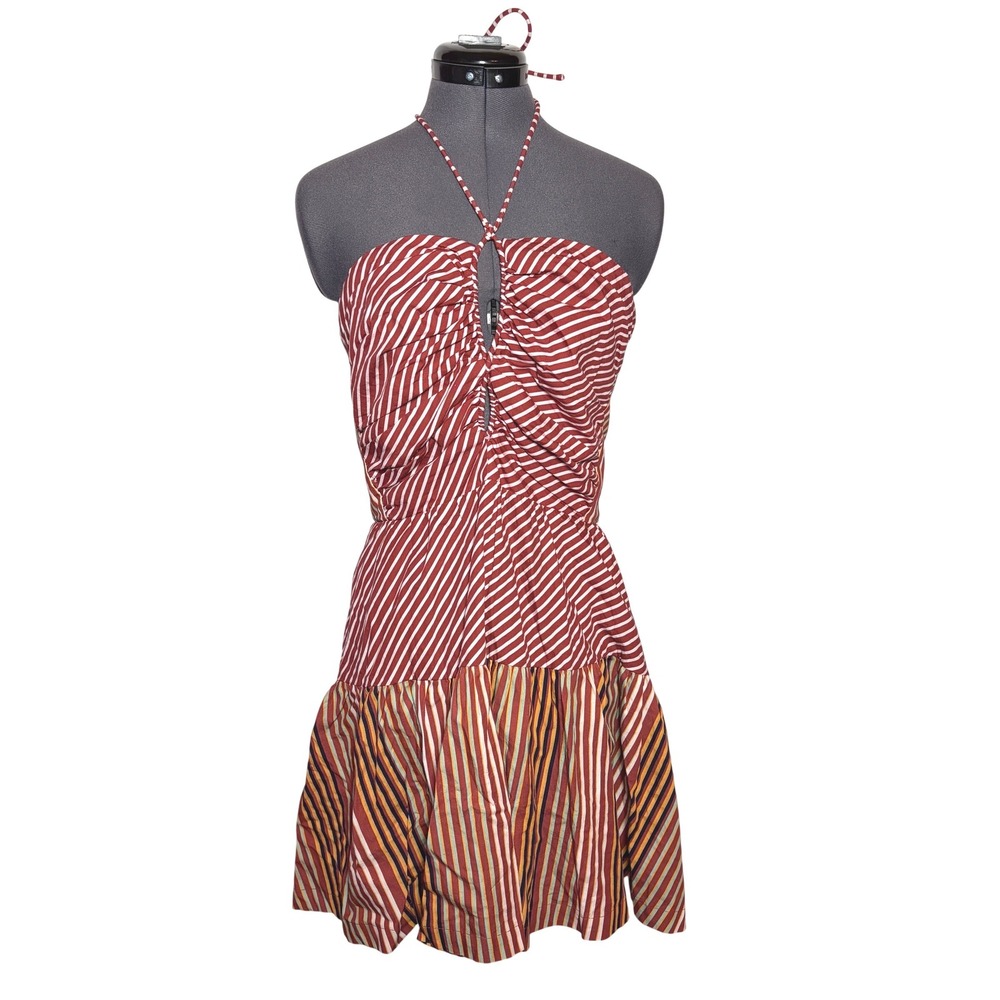 Anthropologie Emily Halter Mini Dress Striped Halter Boho 40-32-50 XL DAMAGED